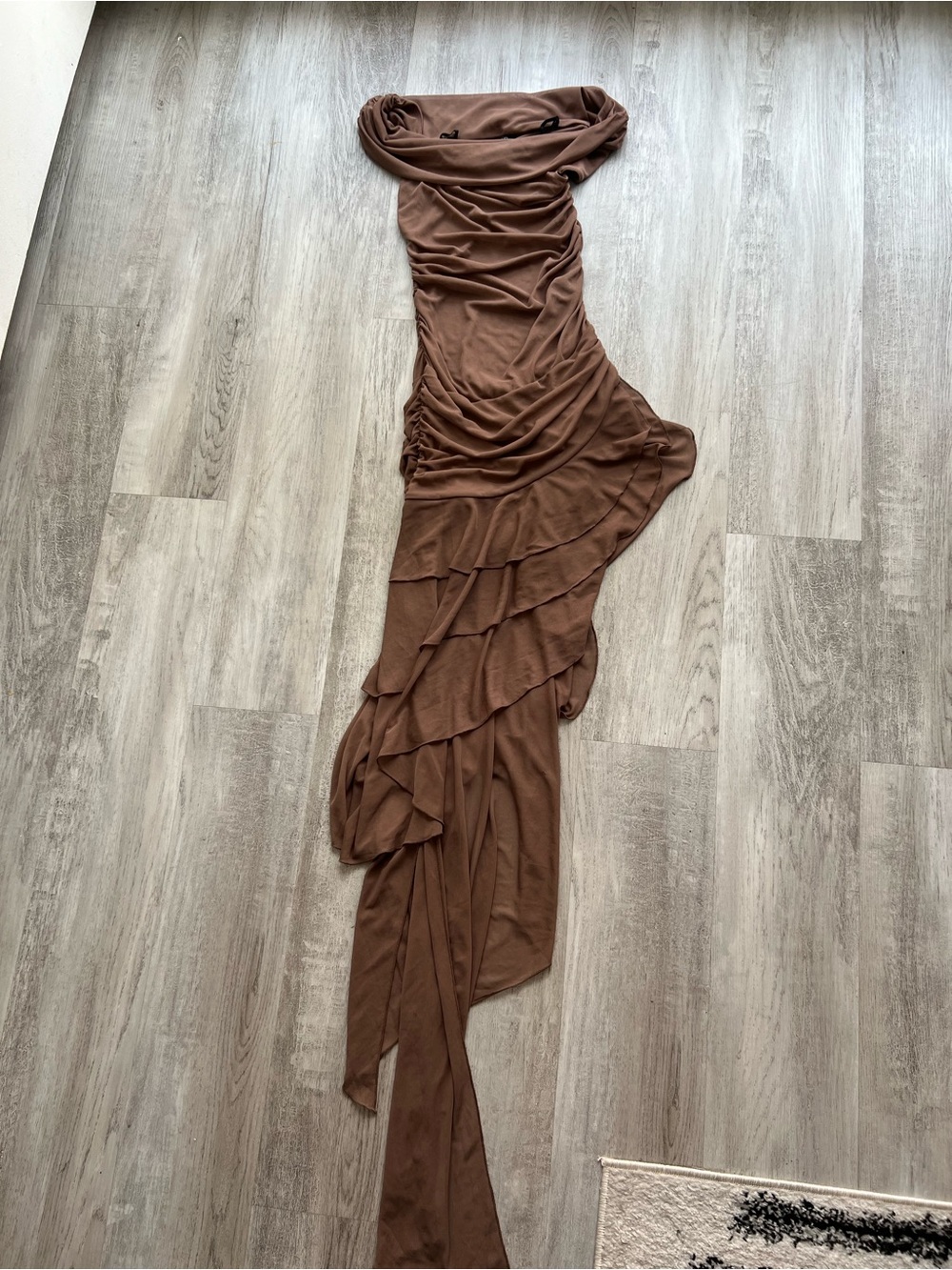 NBD Brown Asymmetrical Ruffled Maxi Dress
